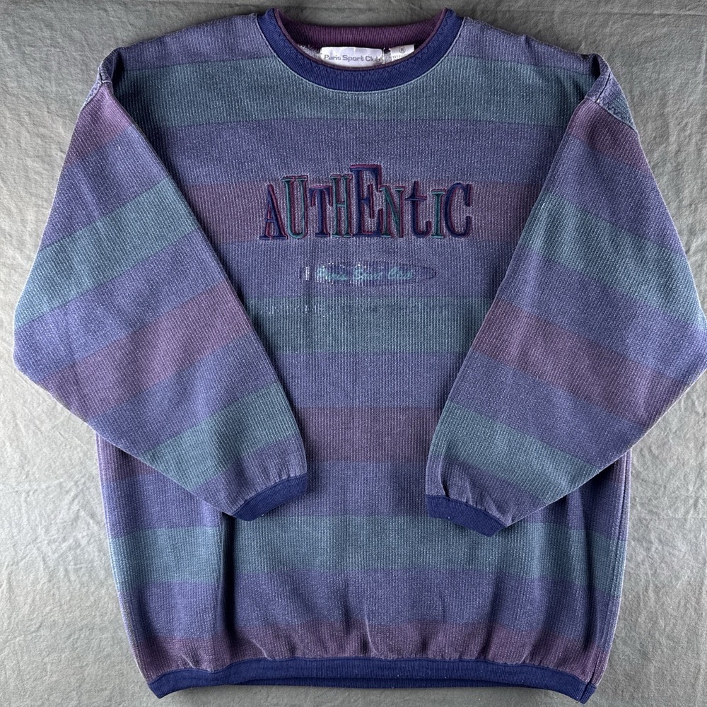 Vintage 90s Striped Crewneck Sweatshirt Purple Teal Faded USA M Paris Sport Club